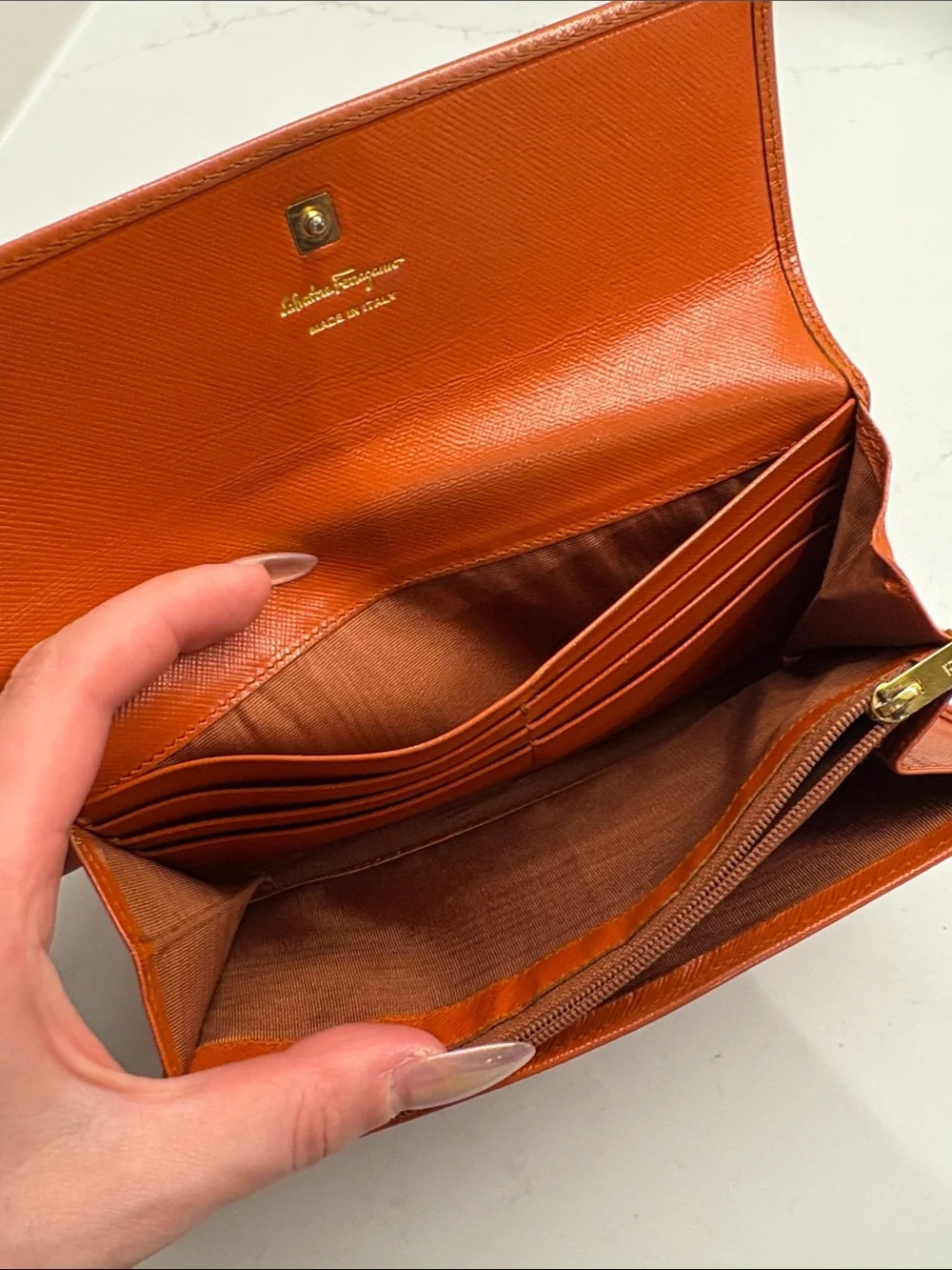 Salvatore Ferragamo Burnt Orange Leather Continental Wallet with Silver Gancini